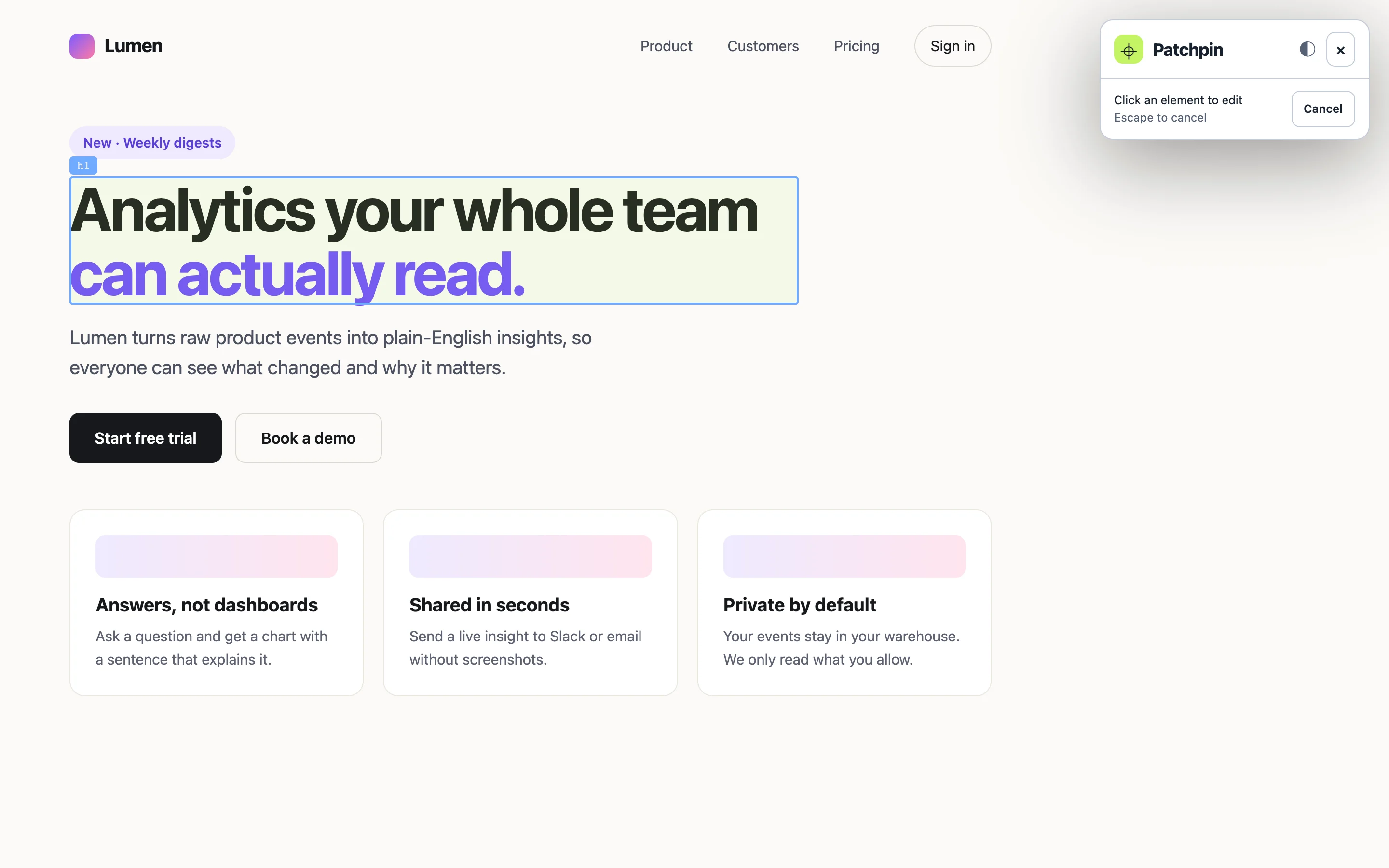 Patchpin in select mode, outlining the page headline