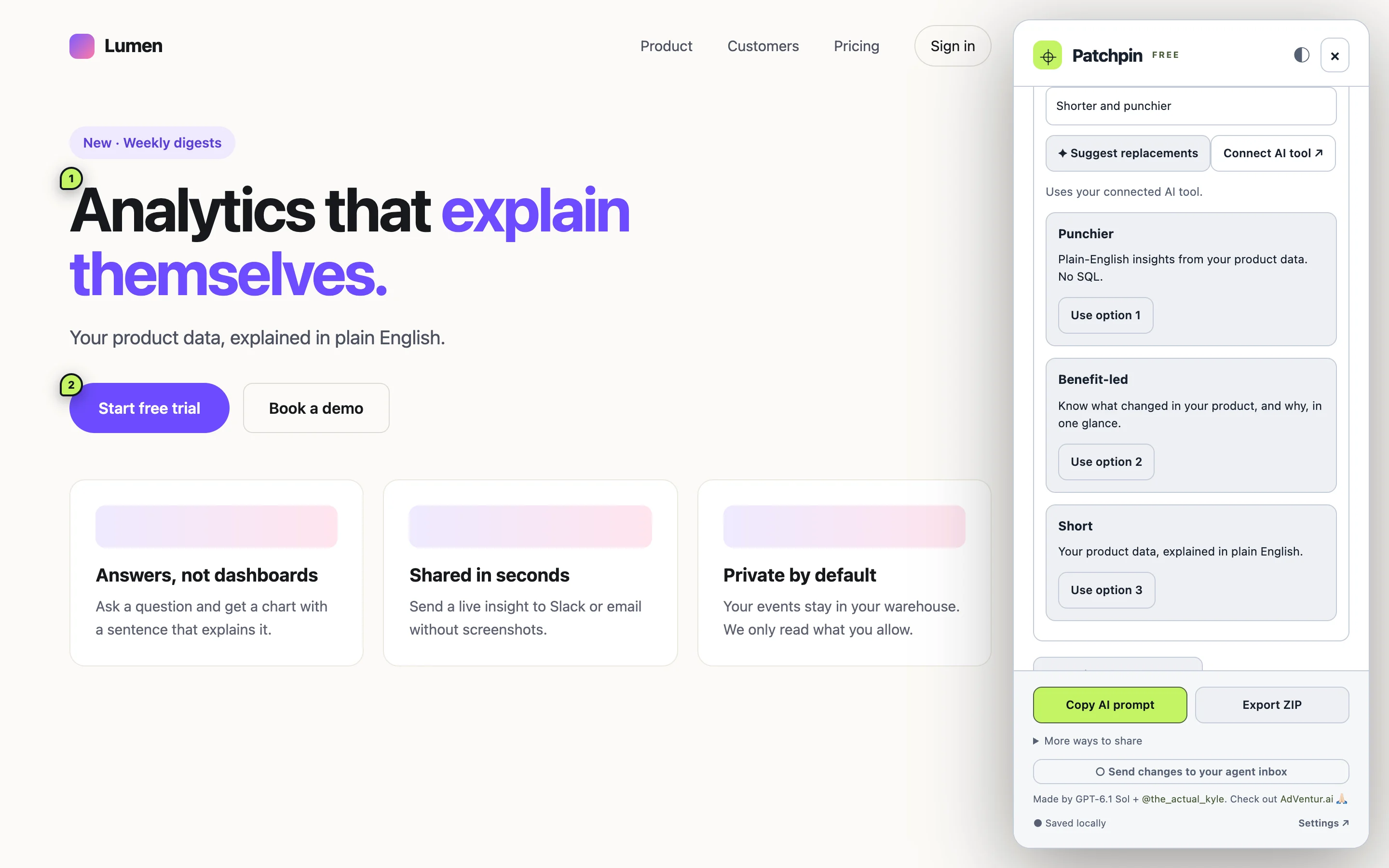 Three AI rewrite suggestions from a locally connected Claude Code